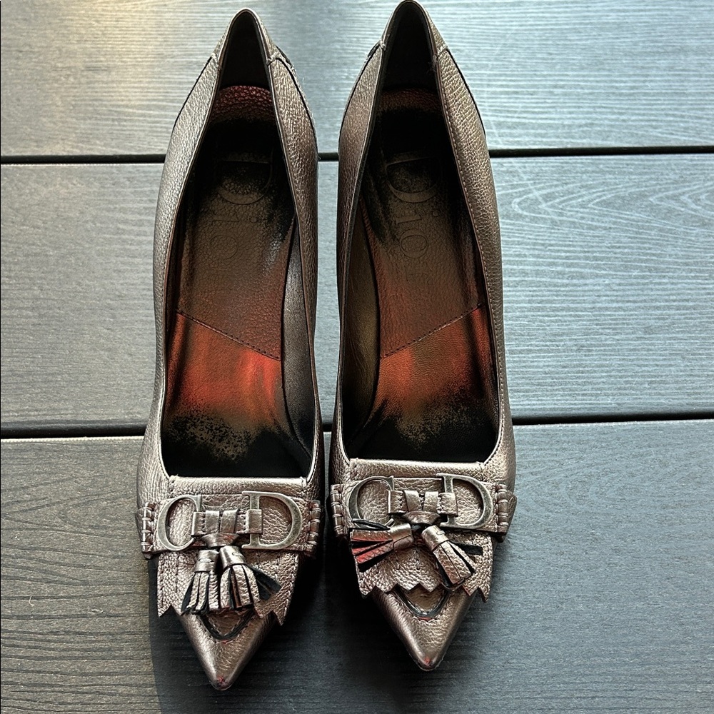 Dior Shimmering Gunmetal Grey Heels with tassel buckle Detail 36